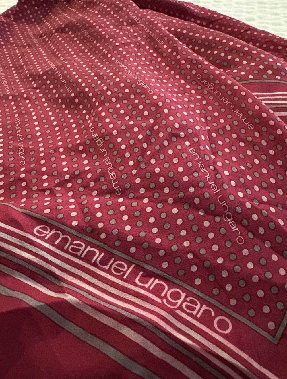 Emanuel Ungaro Silk Scarf Polka Dot Logo Red Burgundy 30” Excellent